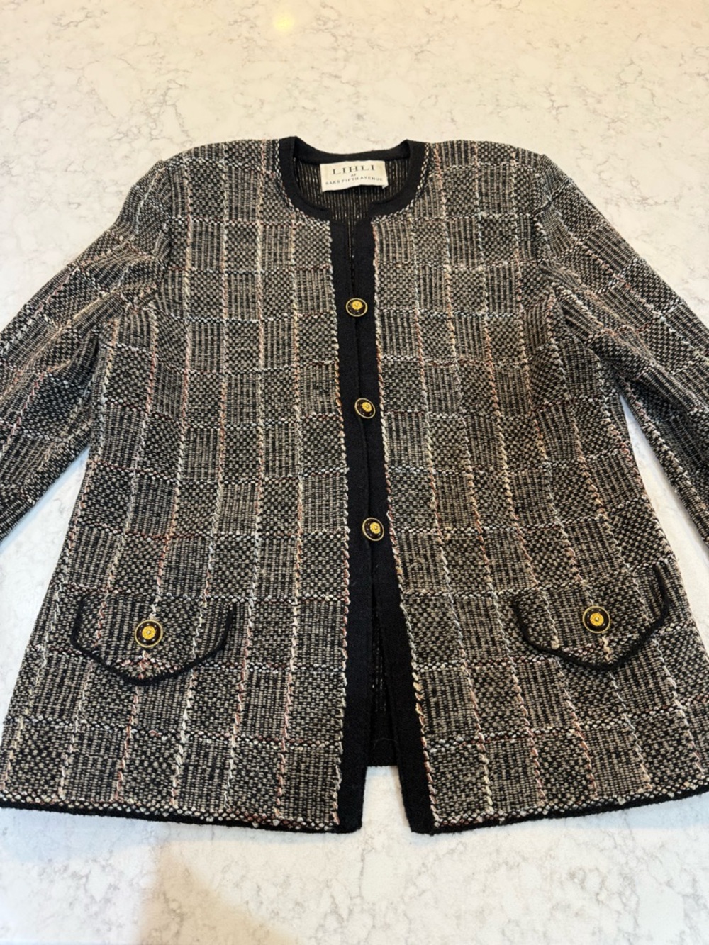 LIHLI Saks Fifth Avenue vintage Black & Gray Tweed Button-Front Jacket